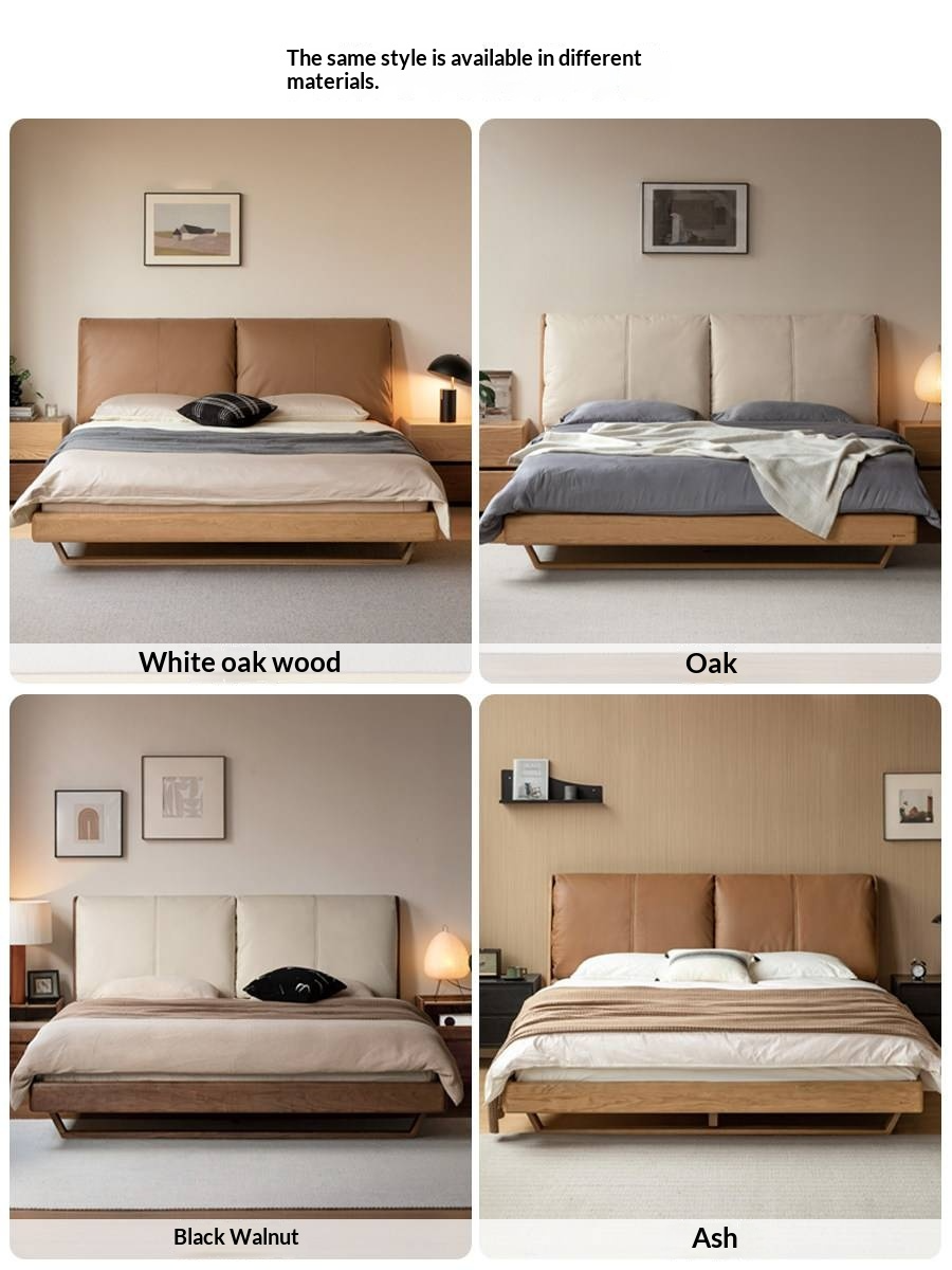 Oak Solid Wood Bed — Modern Minimalist Style with Genuine Leather and Floating Design