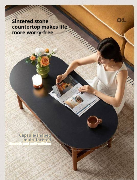 Tulipwood Solid Wood Coffee Table with Rock Slab Top in Retro Style