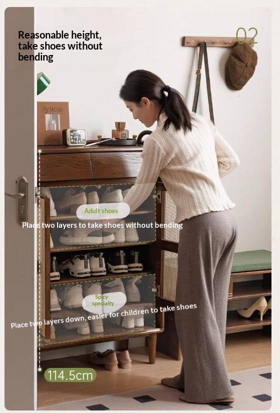 Oak Solid Wood Shoe Cabinet with Rattan Storage