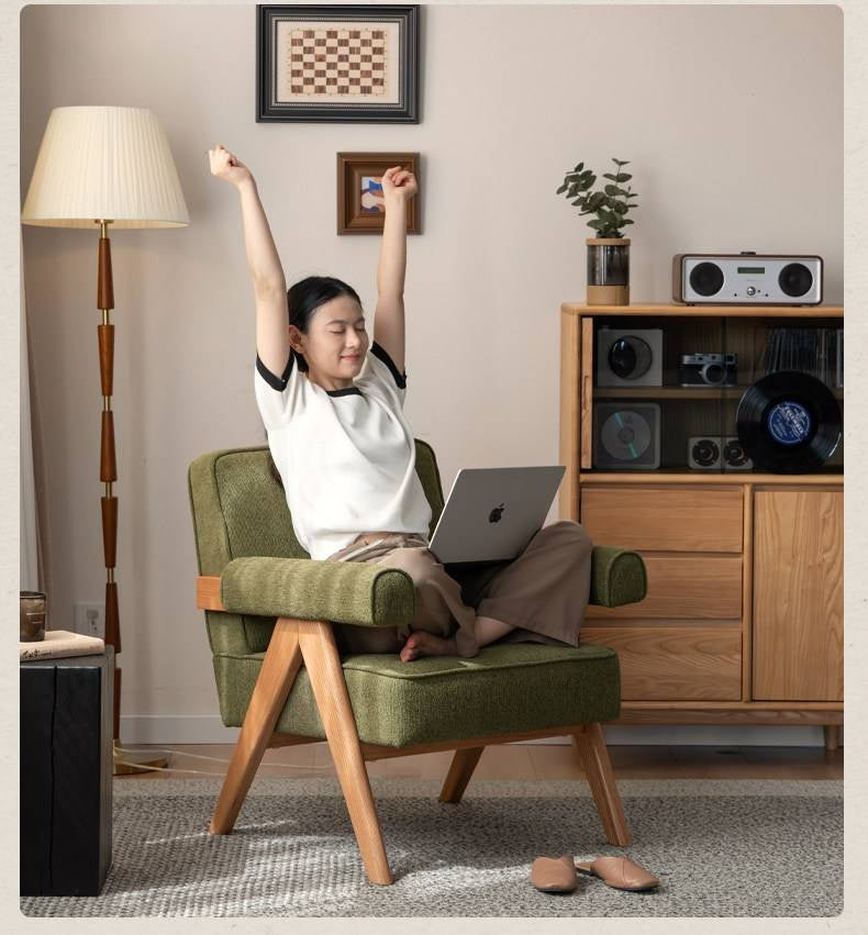 Ash solid wood Accent Armchair, Upholstered Lounge Chair with Angled A-Frame Legs and Wide Padded Armrests