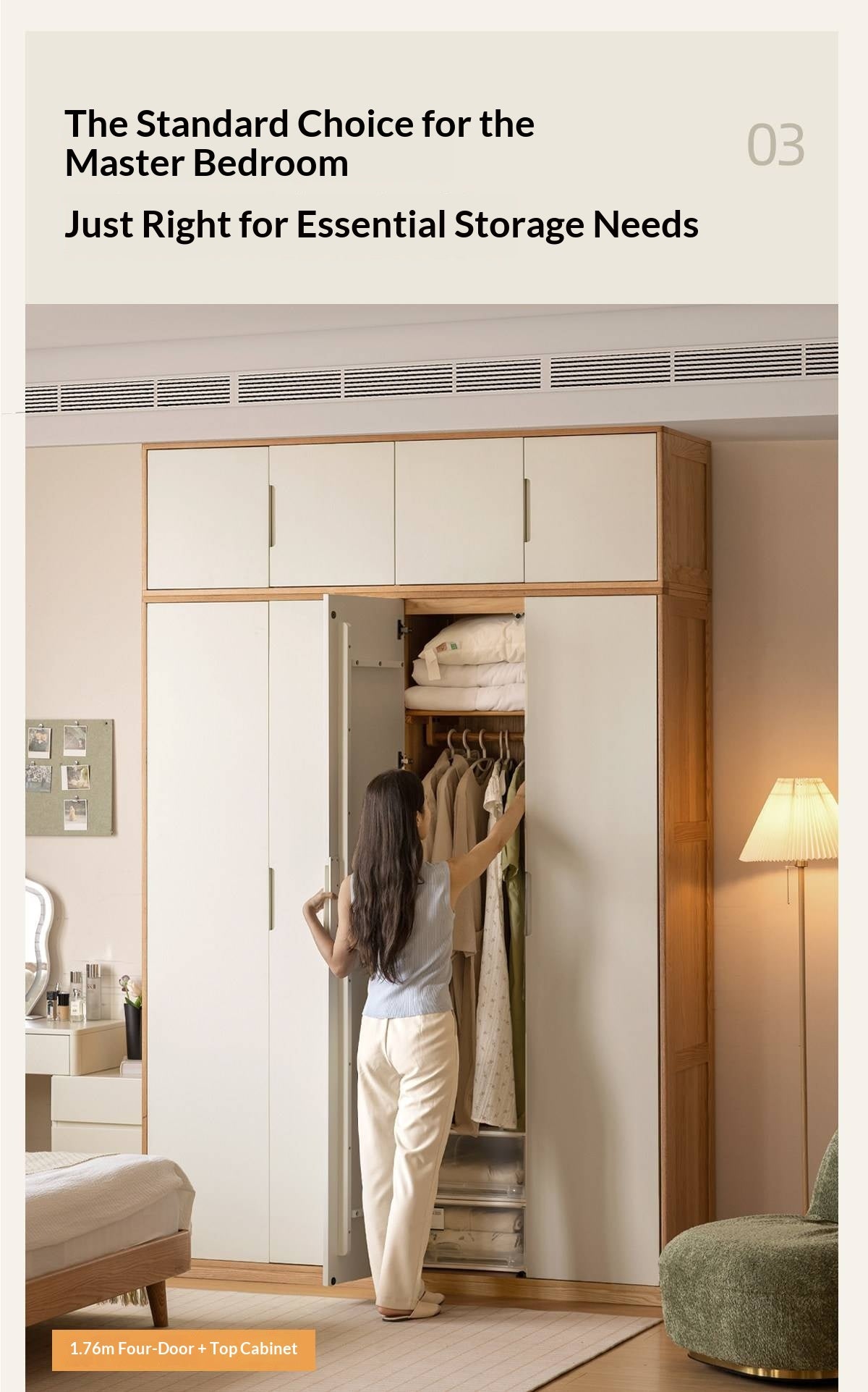 Oak Solid Wood Armoire Wardrobe with Hanging Rod and Drawers