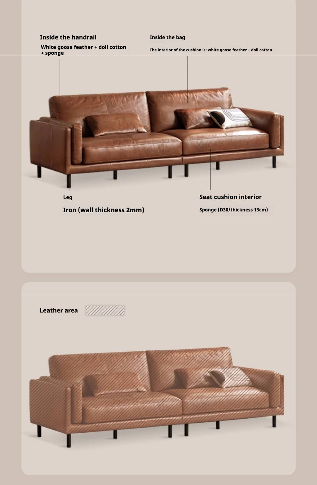 Italian Medieval Style Genuine Leather Oil-Wax Sofa
