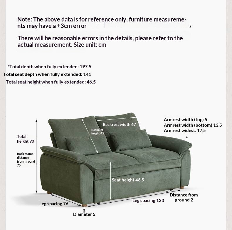 Corduroy Loveseat Sofa with Pull-Out Chaise and Adjustable Backrest