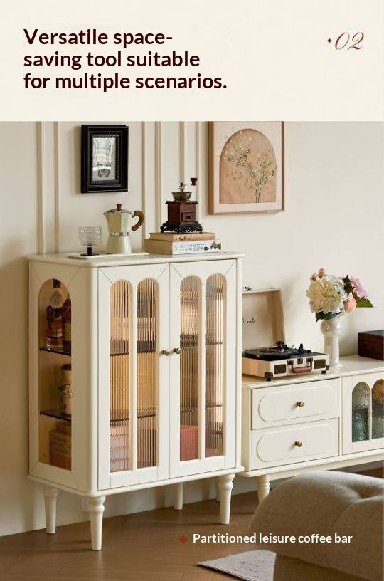Solid RubberWood French Accent Cabinet with Round Arch Glass Doors and Turned Legs