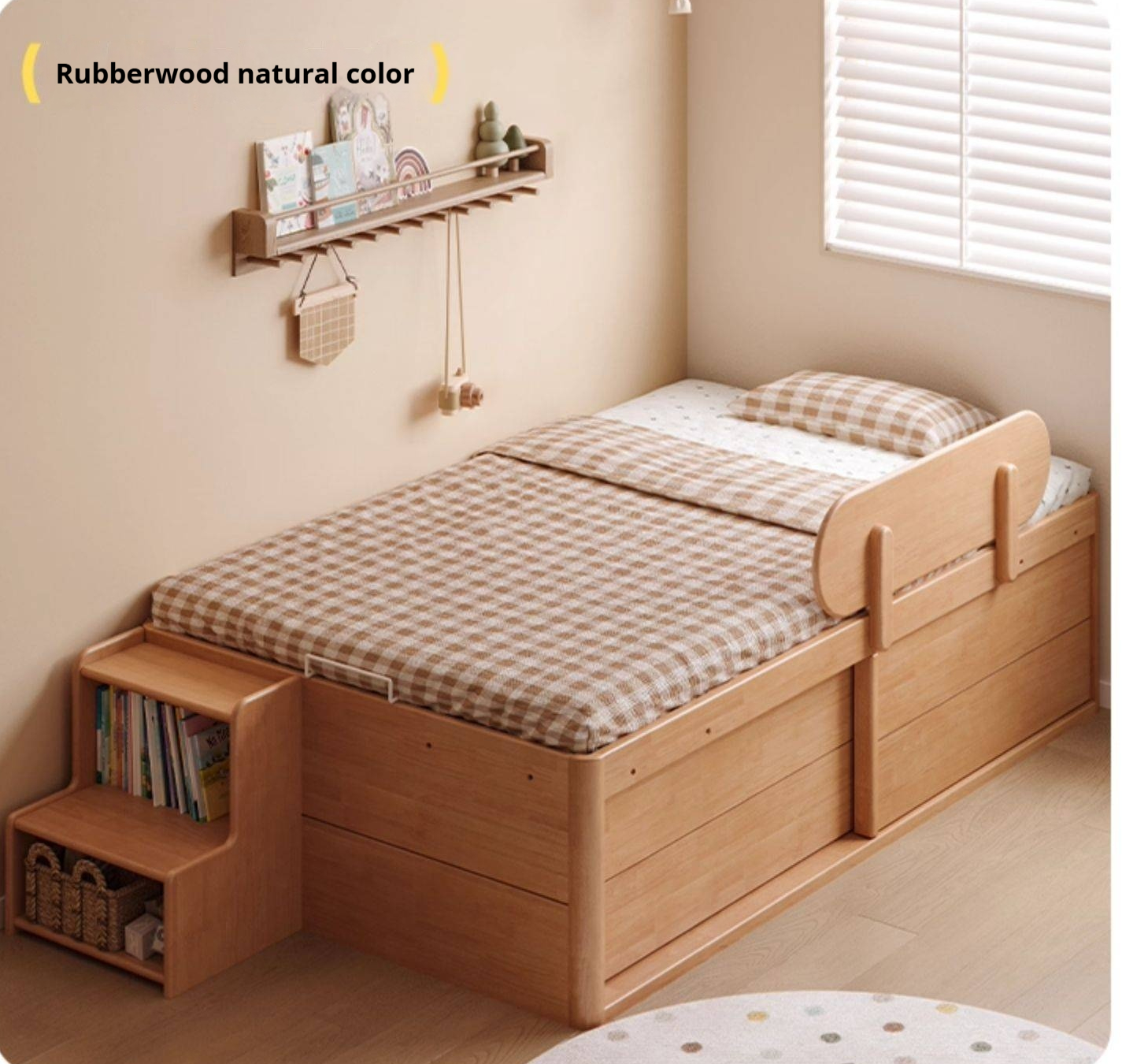 Beech, Rubberwood Solid Wood Kids’ Bed with Guardrail, Platform Bed, Headboard-Free Bed