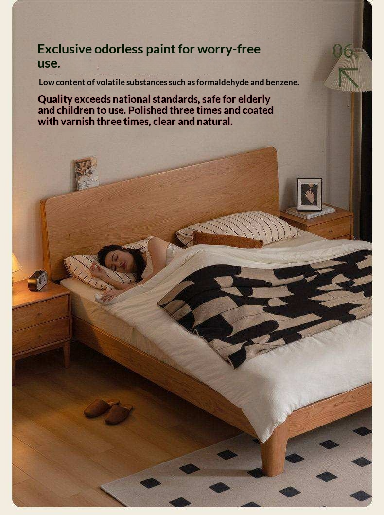 Cherry Solid Wood Platform Bed with Slightly Reclined Panel Headboard and Tapered Legs