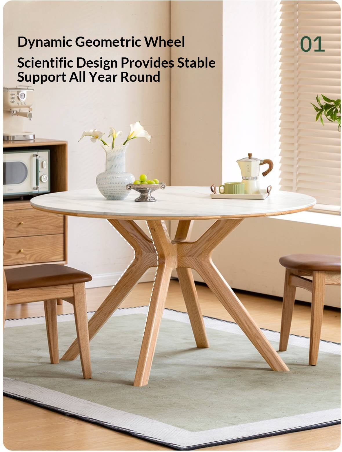Oak Solid Wood Round Dining Table with Optional Sintered Stone Top and Chairs
