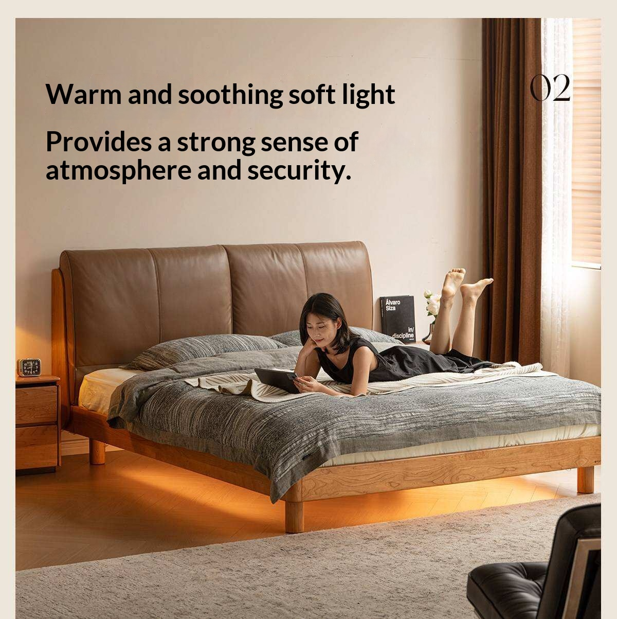 Cherry Solid Wood Bed with Genuine Leather Upholstered Headboard and LED Lighting