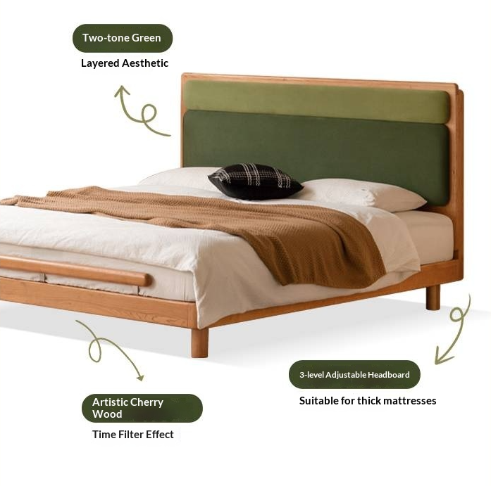 Cherry Solid Wood Fabric Soft Backrest Bed Modern Minimalist