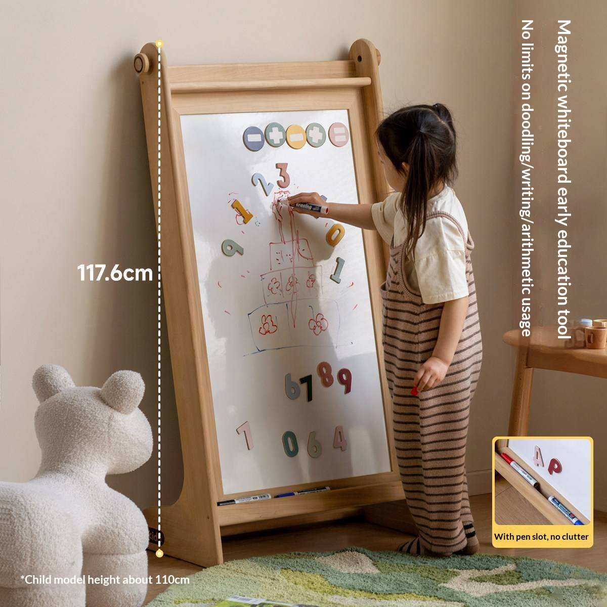 Poplar Solid Wood Children’s Bookcase with Drawing Board and Storage Shelf