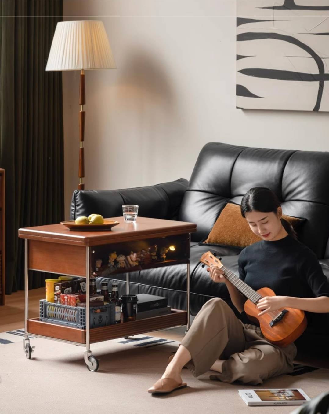 Poplar Solid Wood Middle Ancient Style Mobile Coffee Table