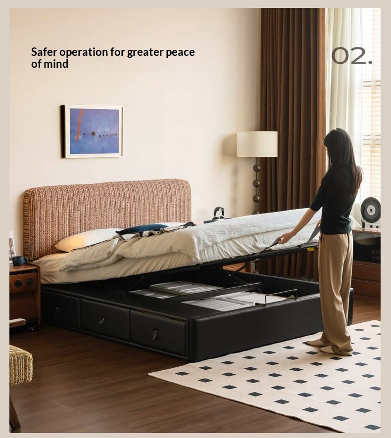 Terracotta Corduroy Storage Bed with Adjustable Headboard and Black Faux Leather Base