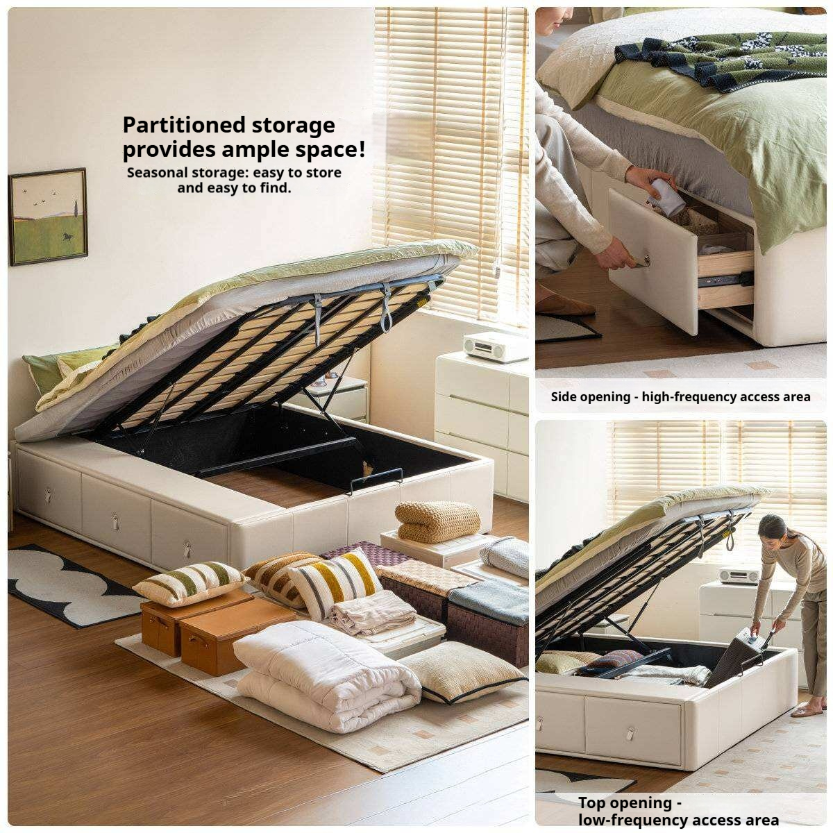 Upholstered Storage Platform Bed, Modern Minimalist White Eco Leather Tatami Bed with Box Storage