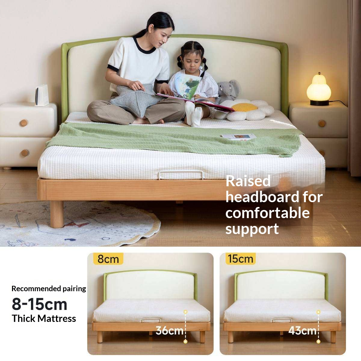 Beech Solid Wood Kids Upholstered Low Platform Bed with Curved Headboard