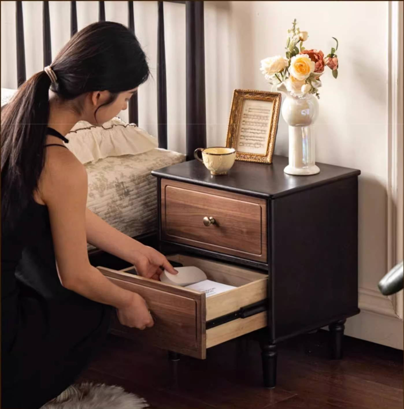 Black Walnut, Solid Rubberwood American Retro Style Nightstand