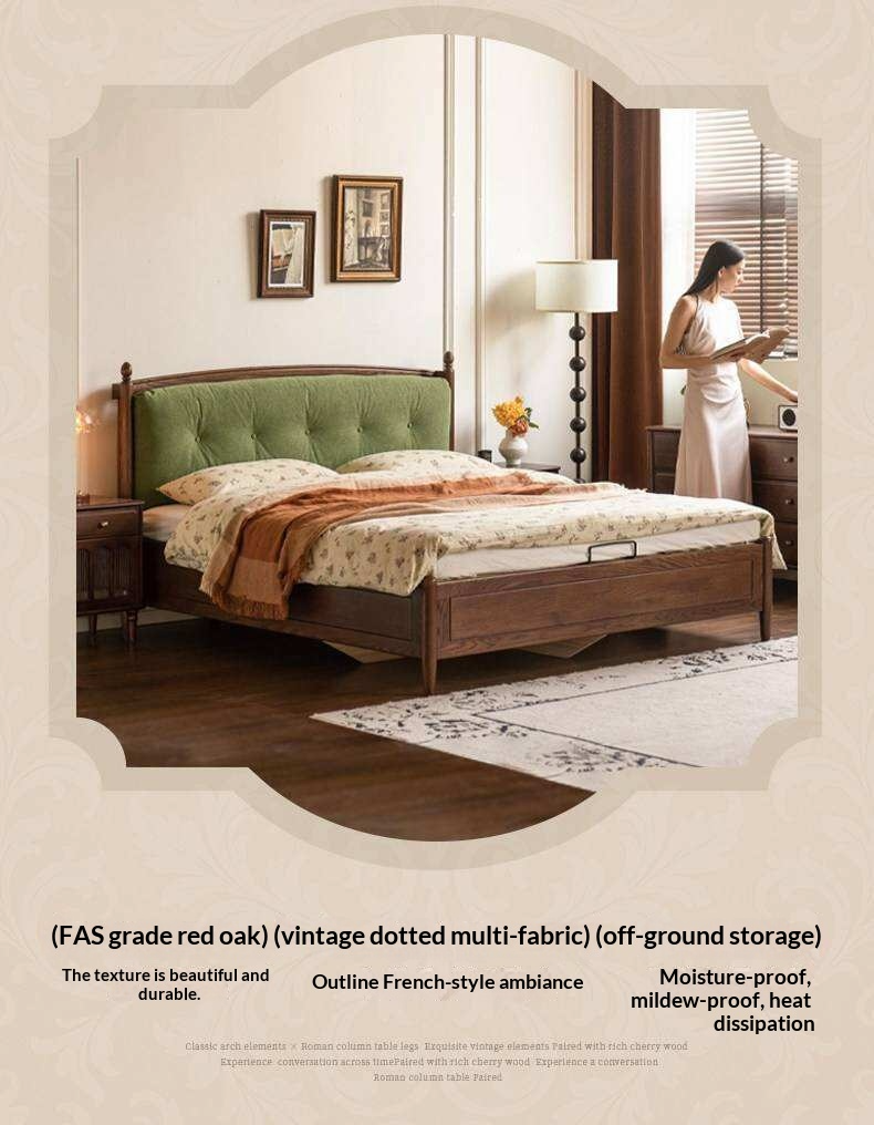 Oak Solid Wood French Country Tufted Storage Bed with Gas Lift and Turned Posts