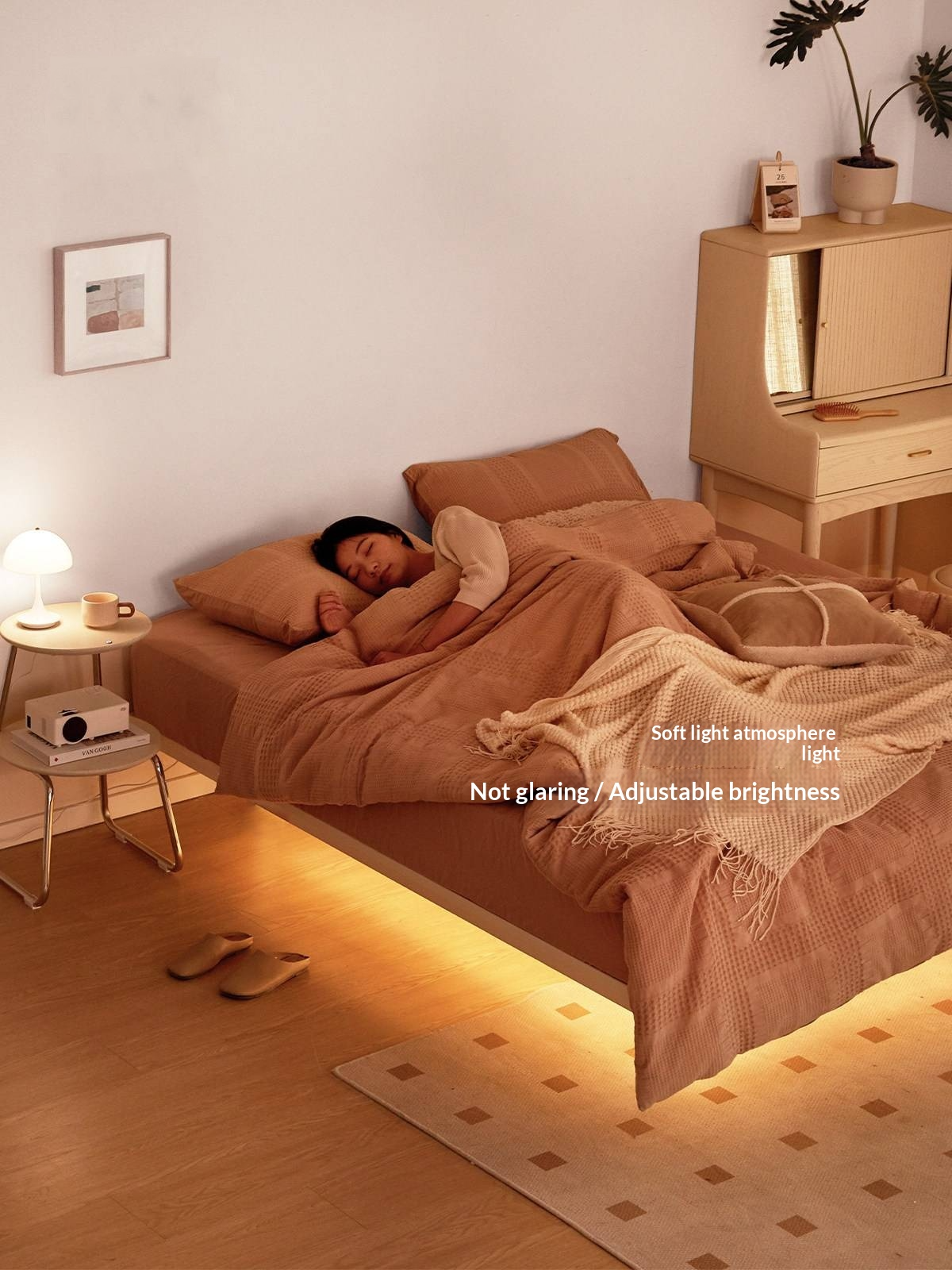 Pine Solid Wood Platform Bed, Headboard-Free Bed, Floor-Standing Floating Bed