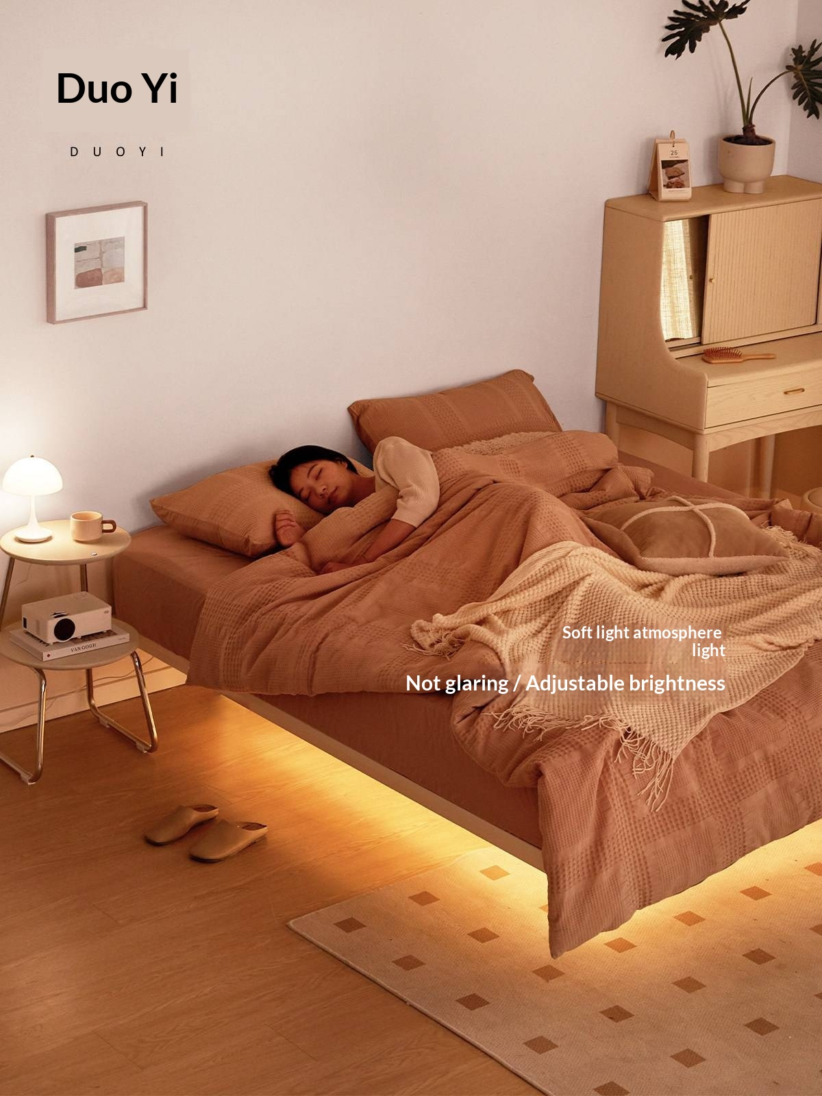 Pine Solid Wood Platform Bed, Headboard-Free Bed, Floor-Standing Floating Bed