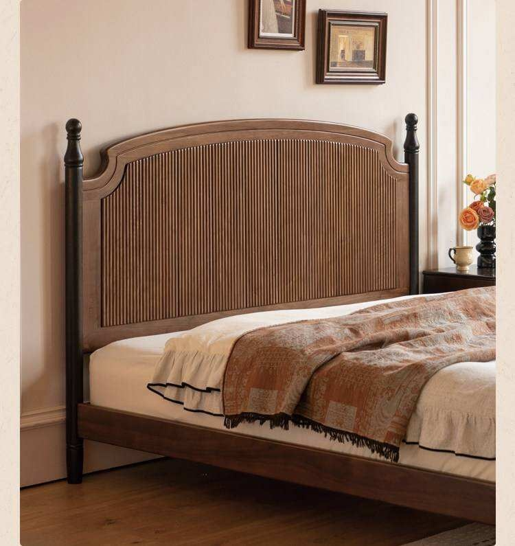 Black Walnut Solid Wood Bed with Reeded Arched Headboard and Turned Corner Posts