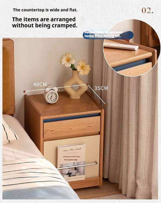 Cherry Solid Wood Nightstand with Storage Drawer and Magazine Holder with Wheels