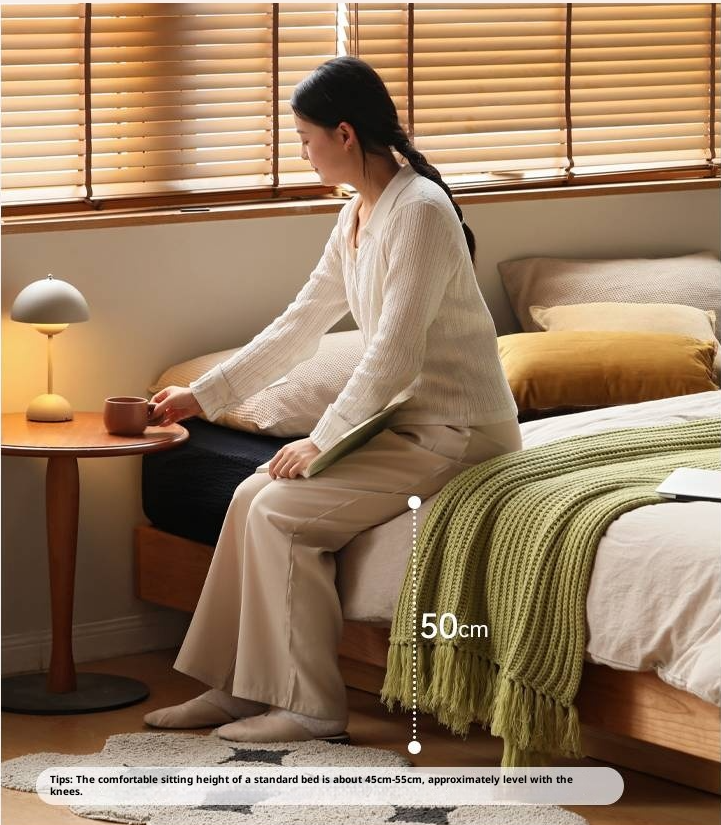 Cherry Solid Wood Floating Platform Box Bed, Headboard-Free Bed