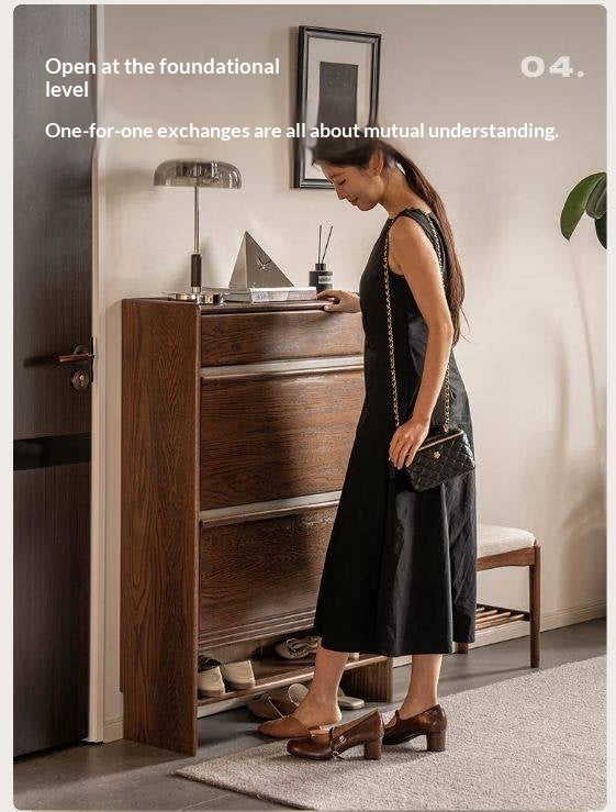 Oak Solid Wood Modern Shoe Cabinet with Flip Drawers and Open Shelf