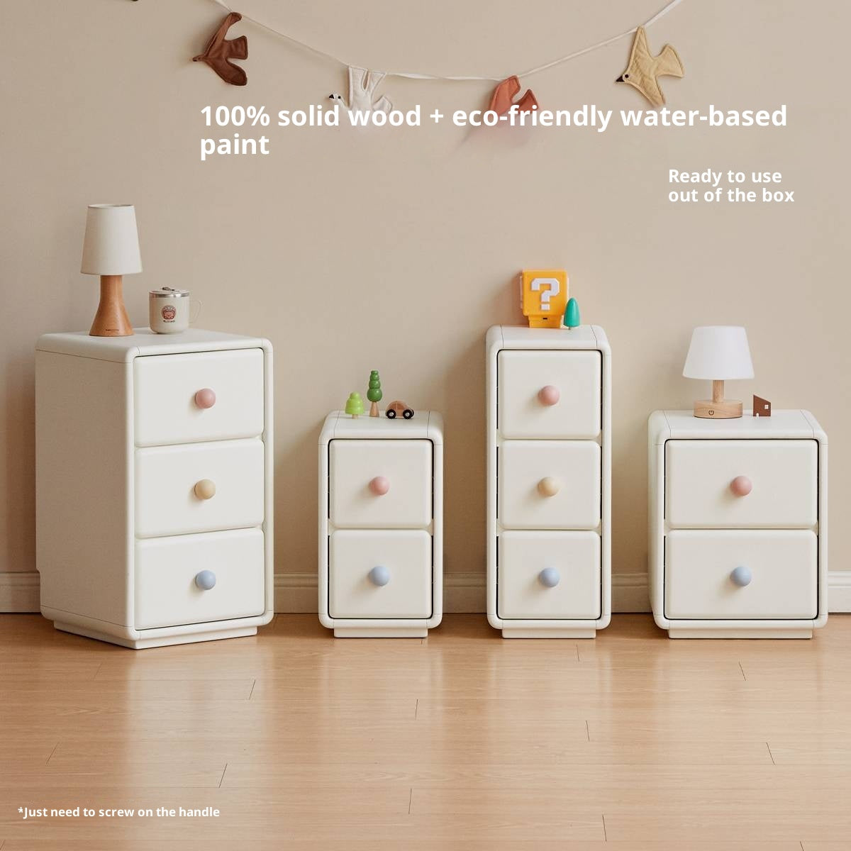 Solid Rubberwood, Beech Solid Wood Cream Style Ultra-narrow Children's Nightstand