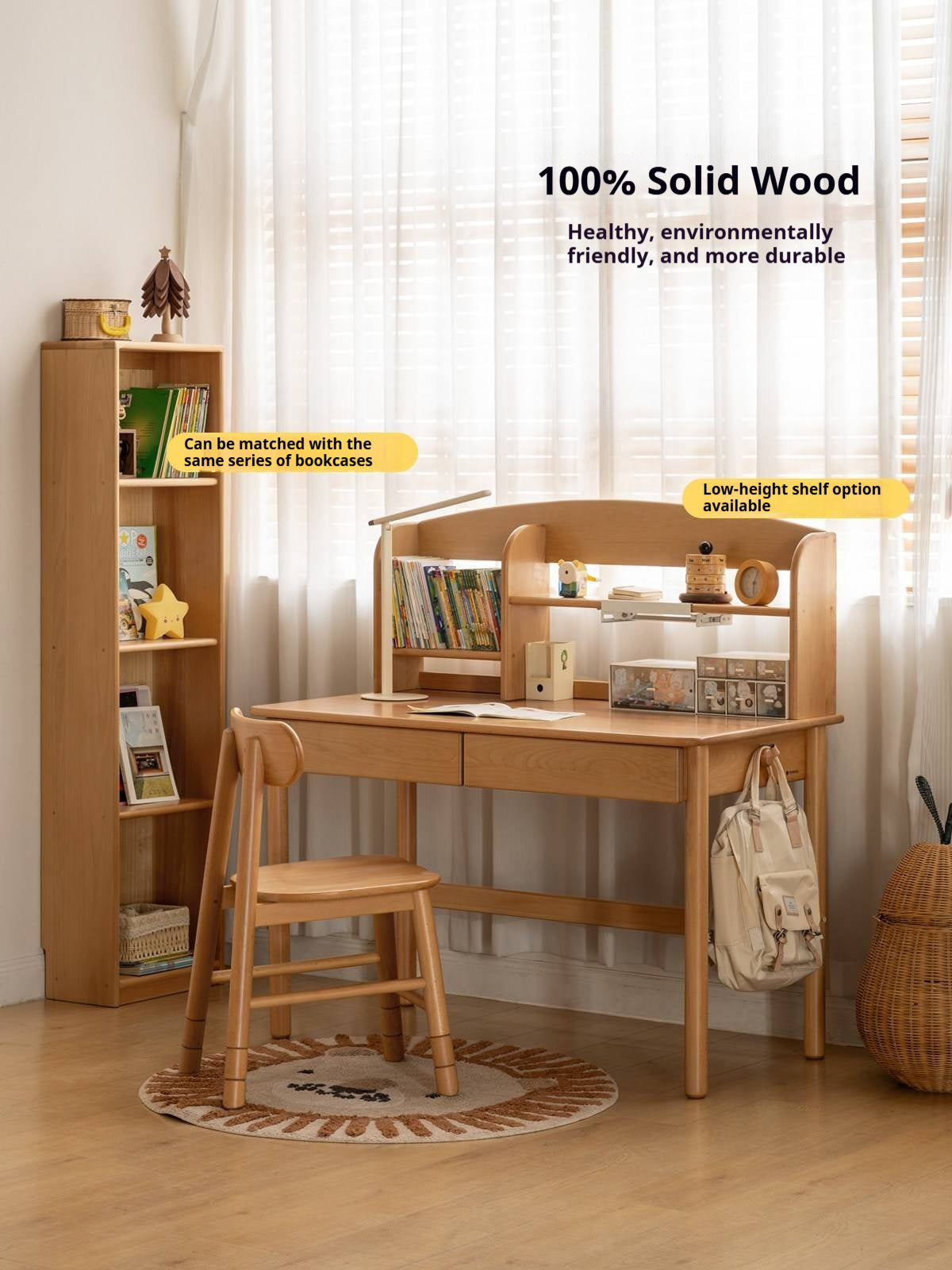 Beech, Oak Solid Wood Writing Desk with Bookshelf Hutch and Organizer Panel
