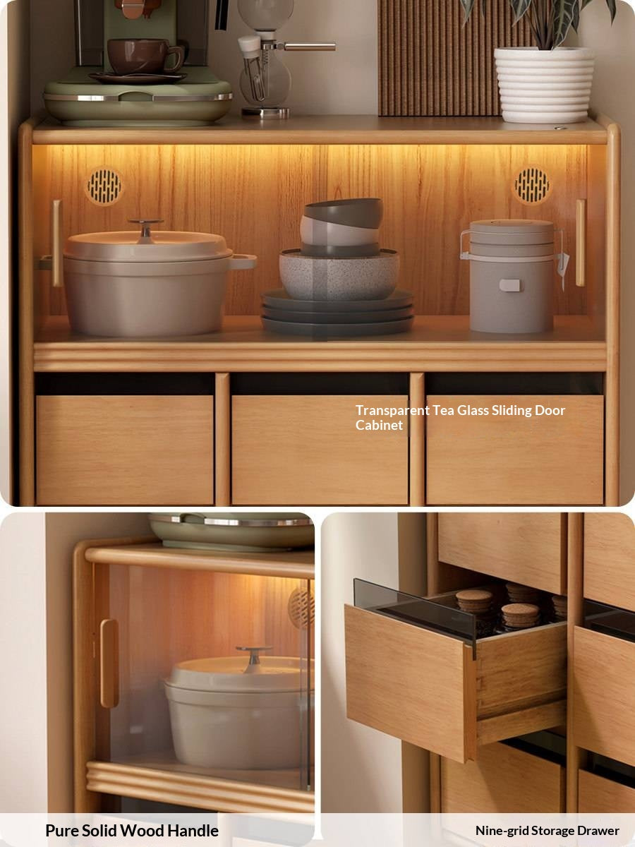 Solid Rubberwood Dining Sideboard with Glass Doors