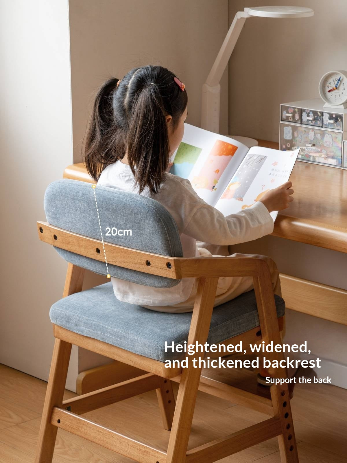 Solid Rubberwood Nordic Style Kids Chair with Adjustable Armrest