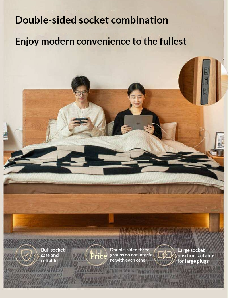 Cherry Solid Wood Bed Modern Minimalist Luminous Bed