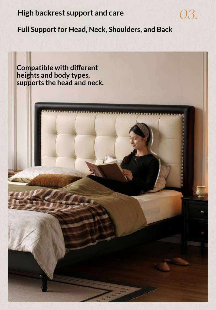 Luxury Genuine Leather Soft Headboard Bed, American Style Riveted Bed