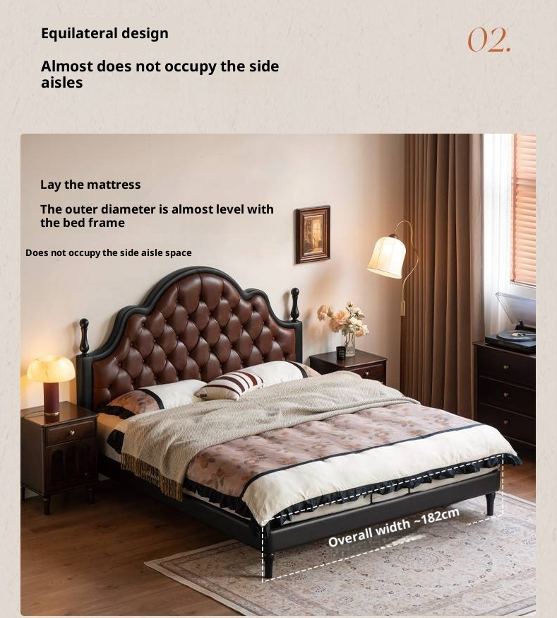 Genuine Leather Elegant Soft Backrest Bed, French Retro