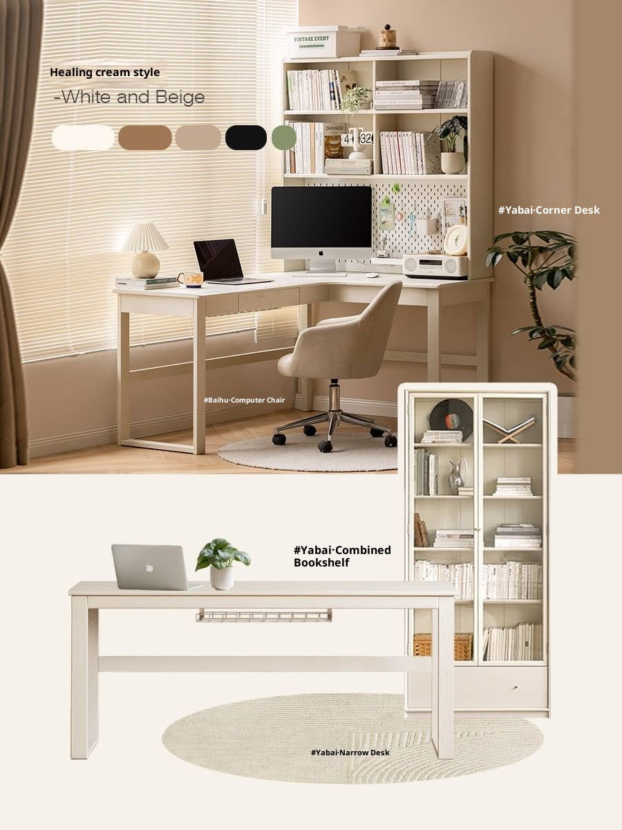 Oak Solid Wood Modern Cream Style Desk and Bookshelf Integrated