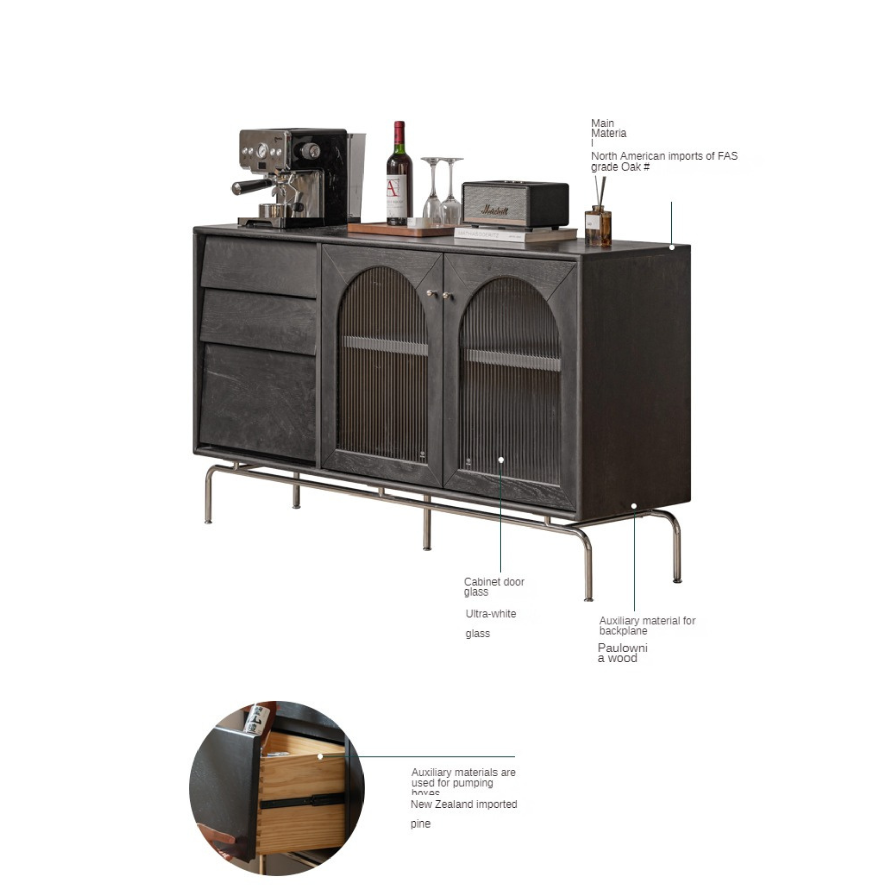 Solid Rubberwood, Oak Solid Wood French Retro Sideboard Black Glass