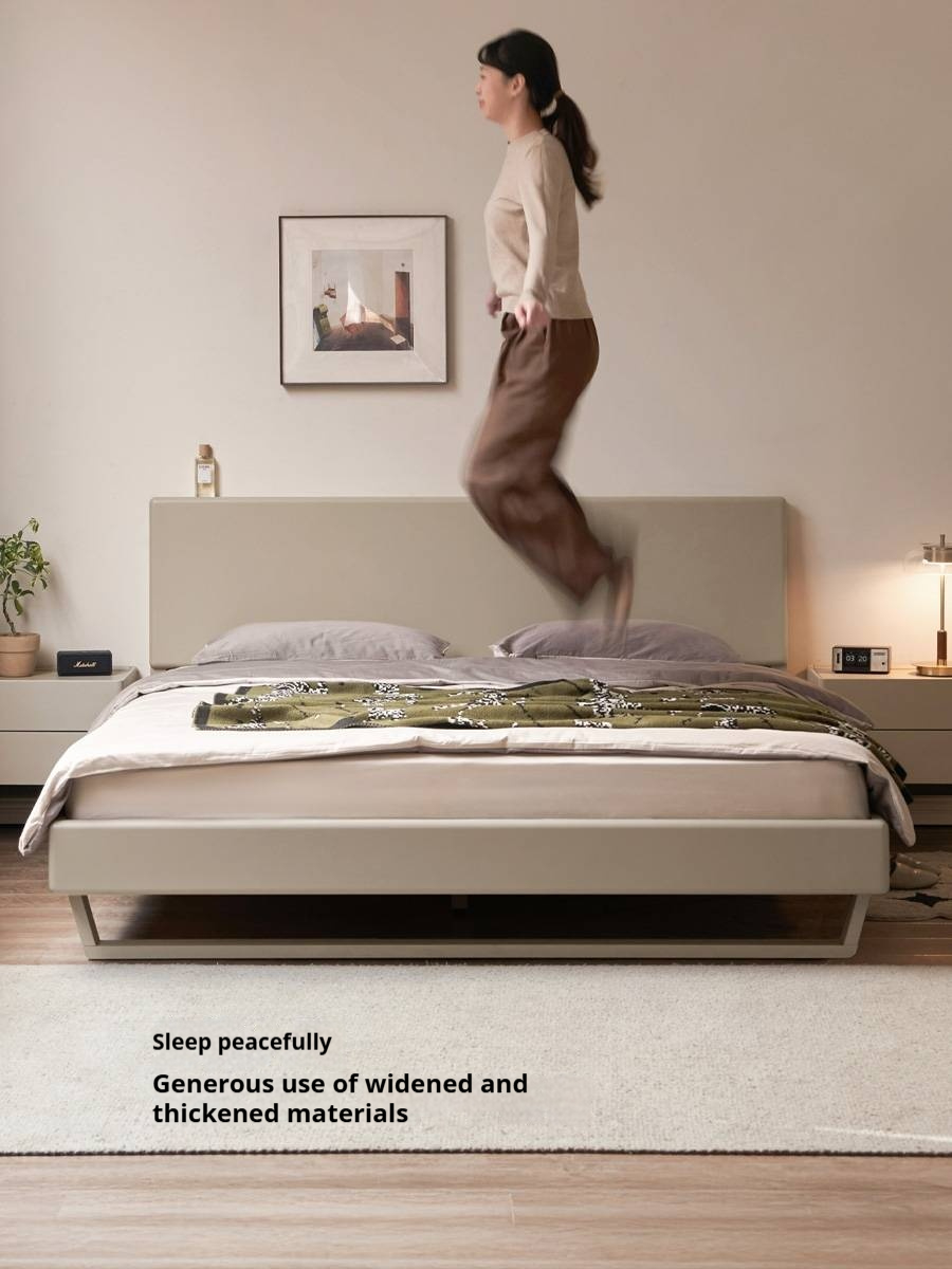 Poplar Solid Wood Floating Bed with Lights, Modern Minimalist