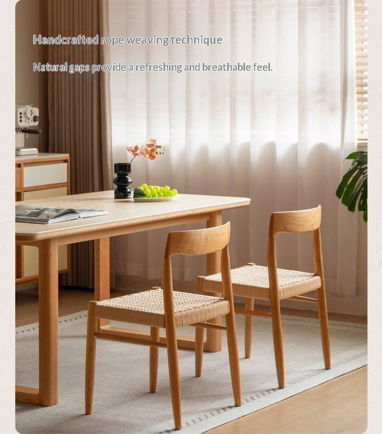4 pcs -Cherry Solid Wood Dining Chair with Woven Cord Seat, Scandinavian Modern