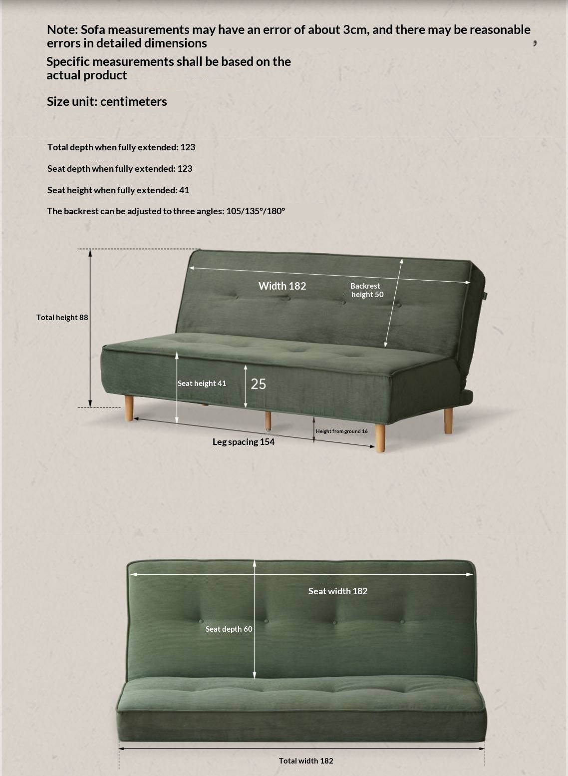 Armless Corduroy Futon Sofa Bed with Adjustable Backrest