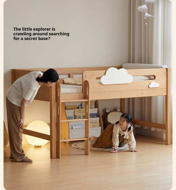 Beech Solid Wood Children's Loft Bed with Under-Table and Storage