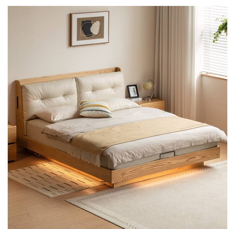 Oak Solid Wood Modern Leather Storage Bed, LED Lighting and USB Charging