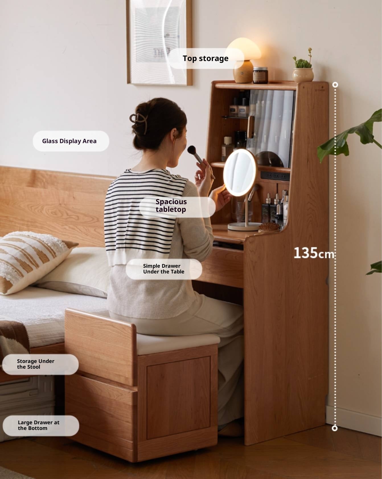 Cherry Solid Wood Multifunctional Retro Dressing Table