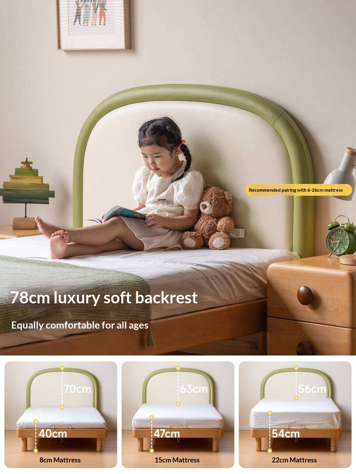 Beech solid wood Kids Bed with Round Headboard and Adjustable Height Legs