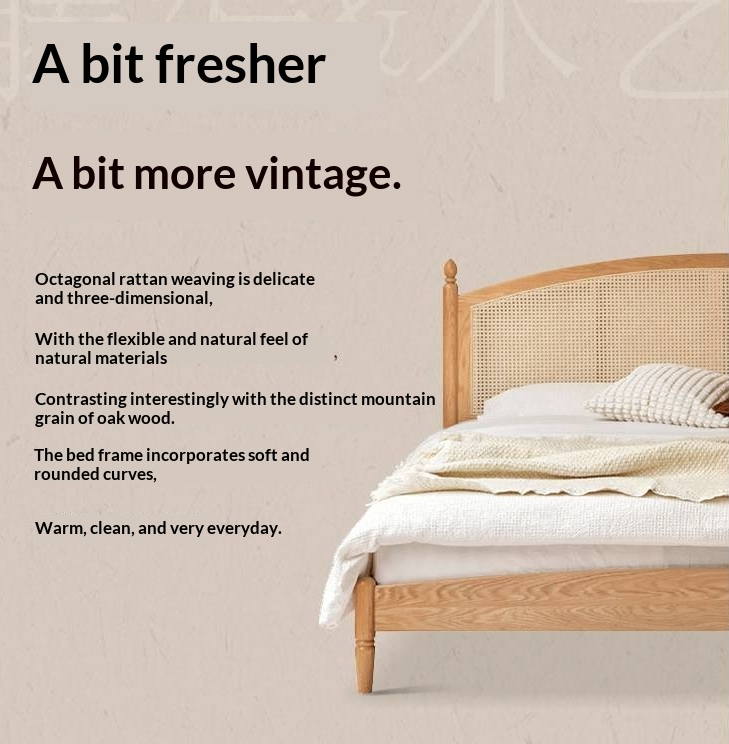 Oak Solid Wood Bed — Light Retro Style with Rattan Design