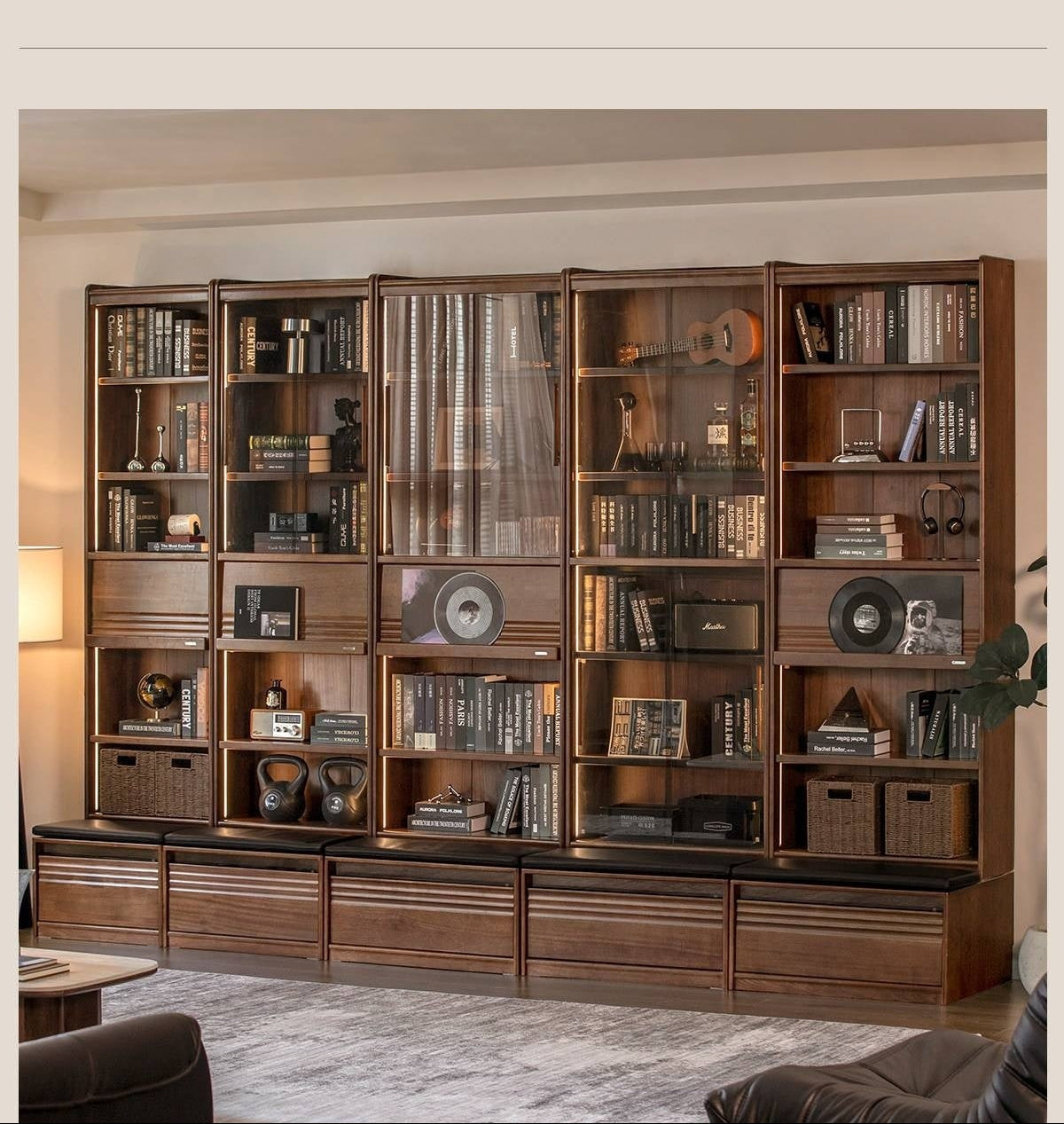 Black Walnut, Ash Solid Wood Combination Bookcase with Floor Display and Luxury Storage