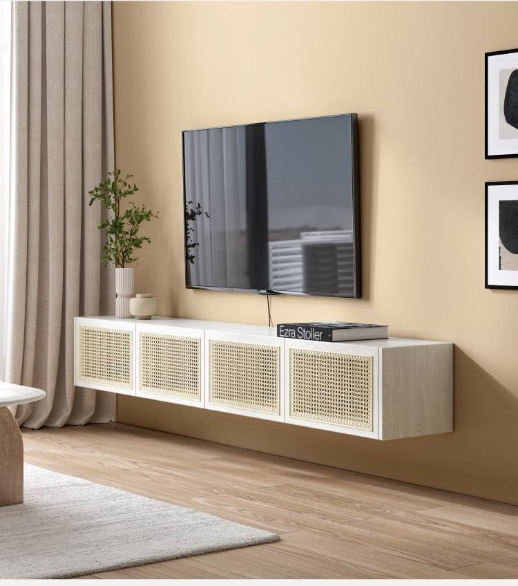 Ash Solid Wood Rattan TV Cabinet Cream Style LED Lights.