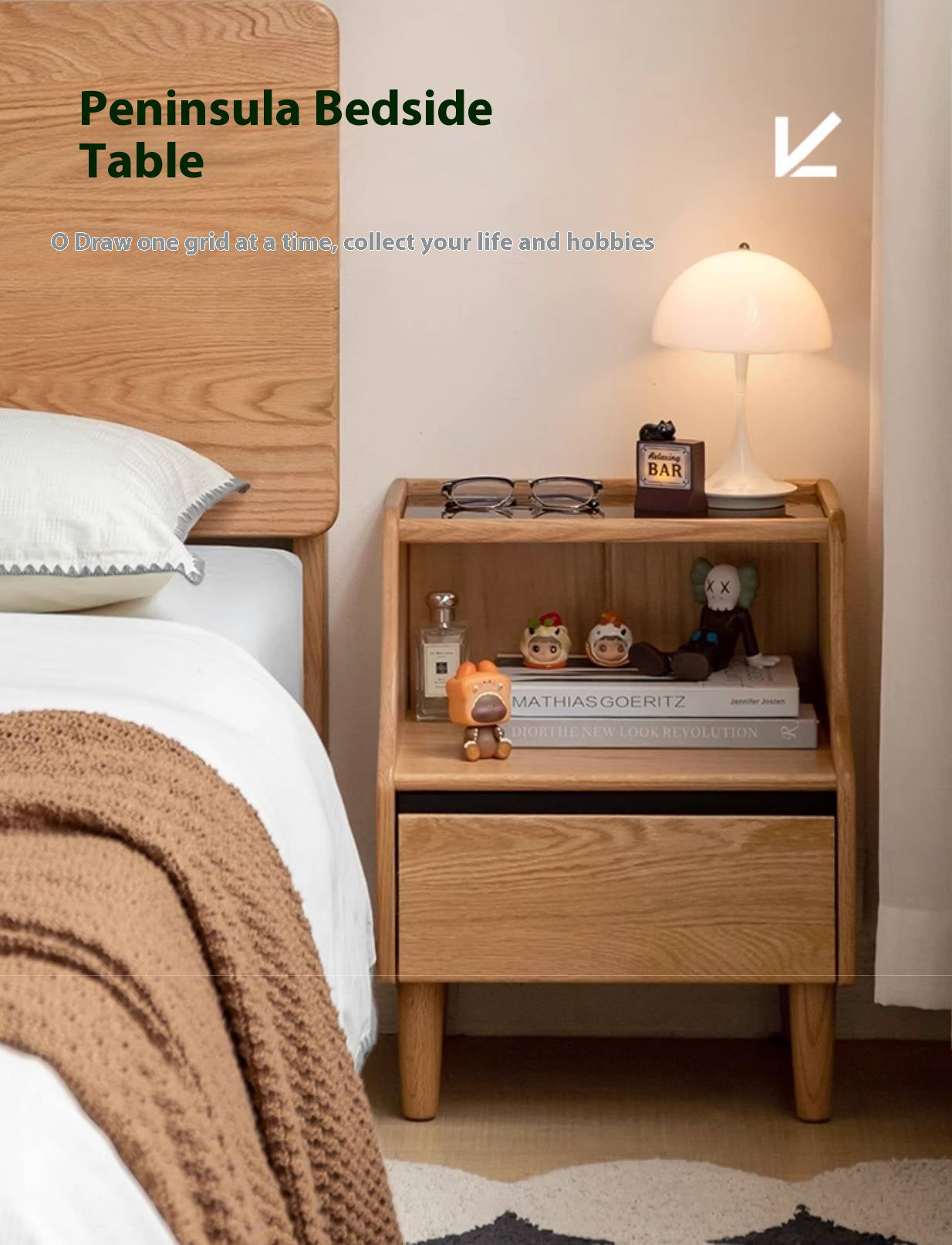 Solid RubberWood, Oak Solid Wood Nightstand with Glass Door with Storage