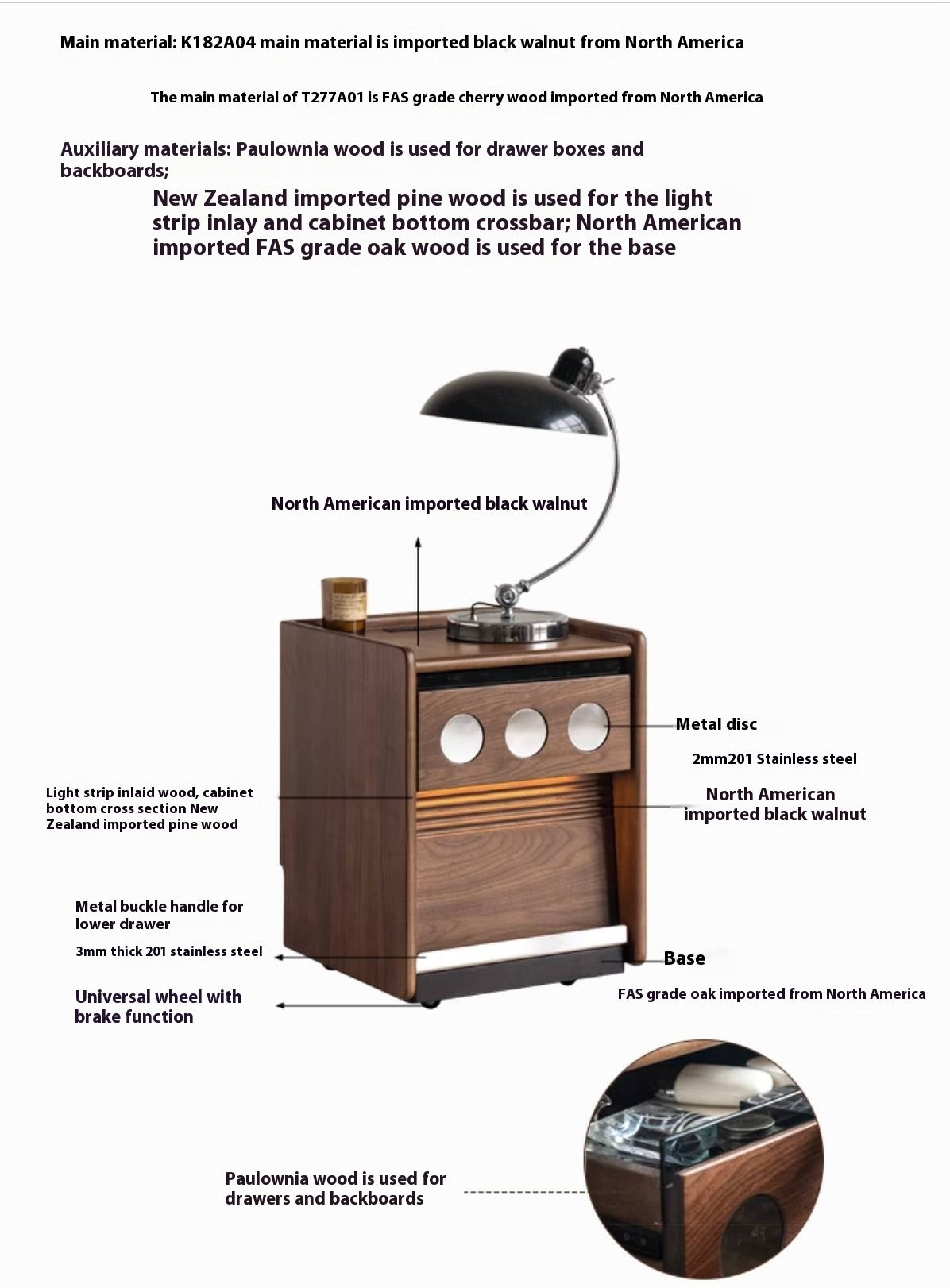 Black Walnut, Cherry, Ash, Sandalwood, Tulipwood Solid Wood Nightstand