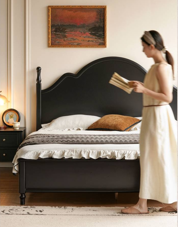 Rubberwood Solid Wood Bed American Retro Black Style