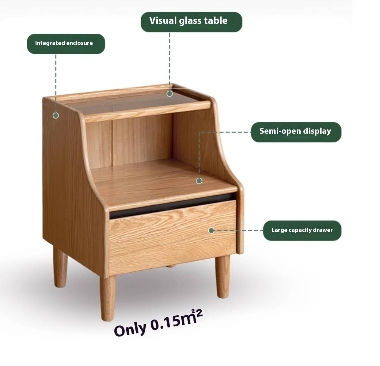 Solid RubberWood, Oak Solid Wood Nightstand with Glass Door with Storage