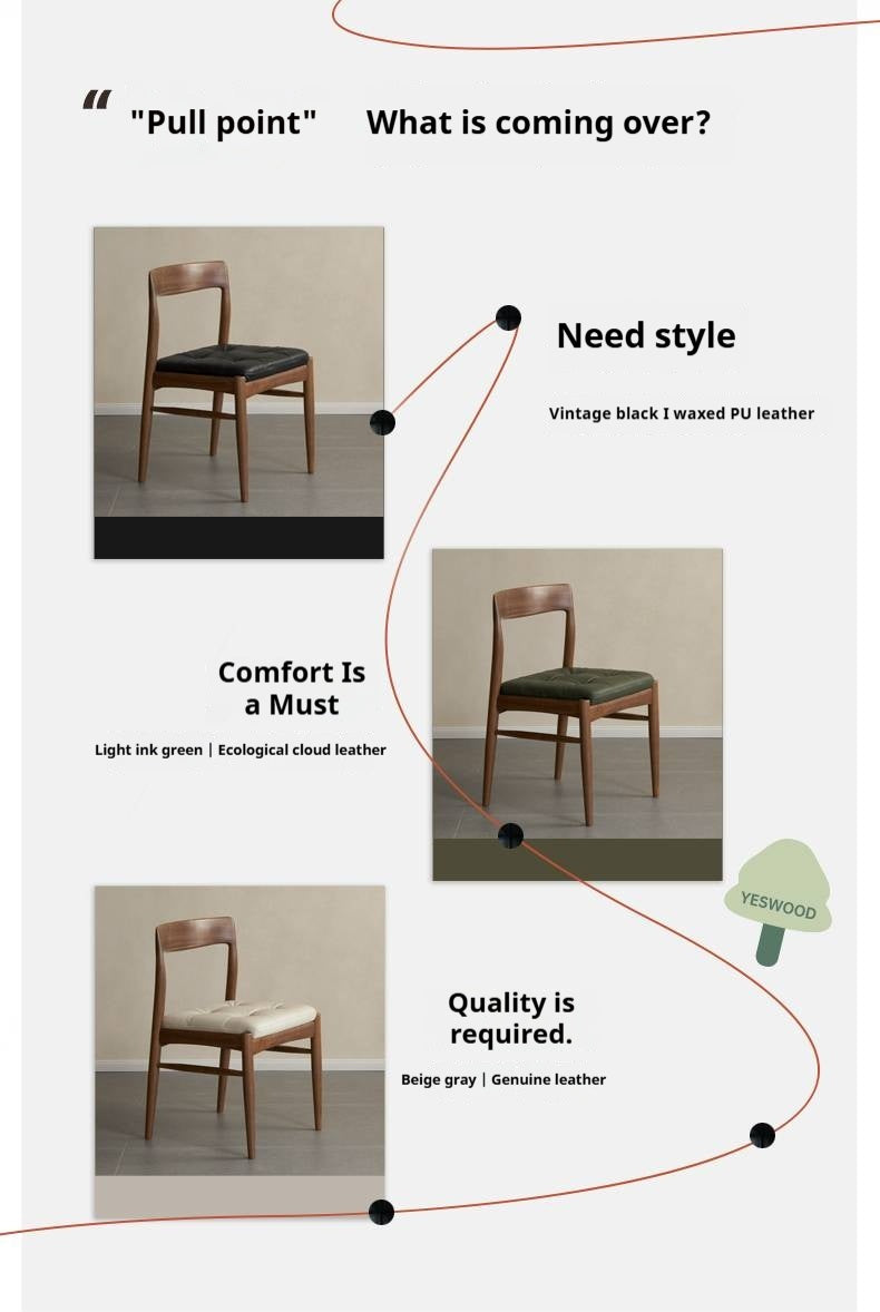 Set 4 pcs Black Walnut Solid Wood Dining Chair with Leather Seat, Mid Century Modern